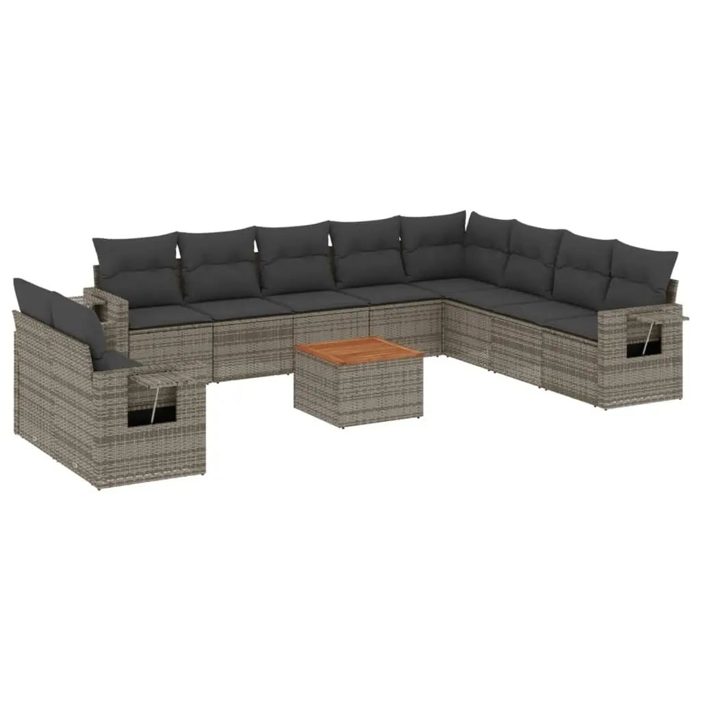 Outdoor Sectional Sofa Set PE Rattan 11 Piece Grey with Acacia Wood Table Top