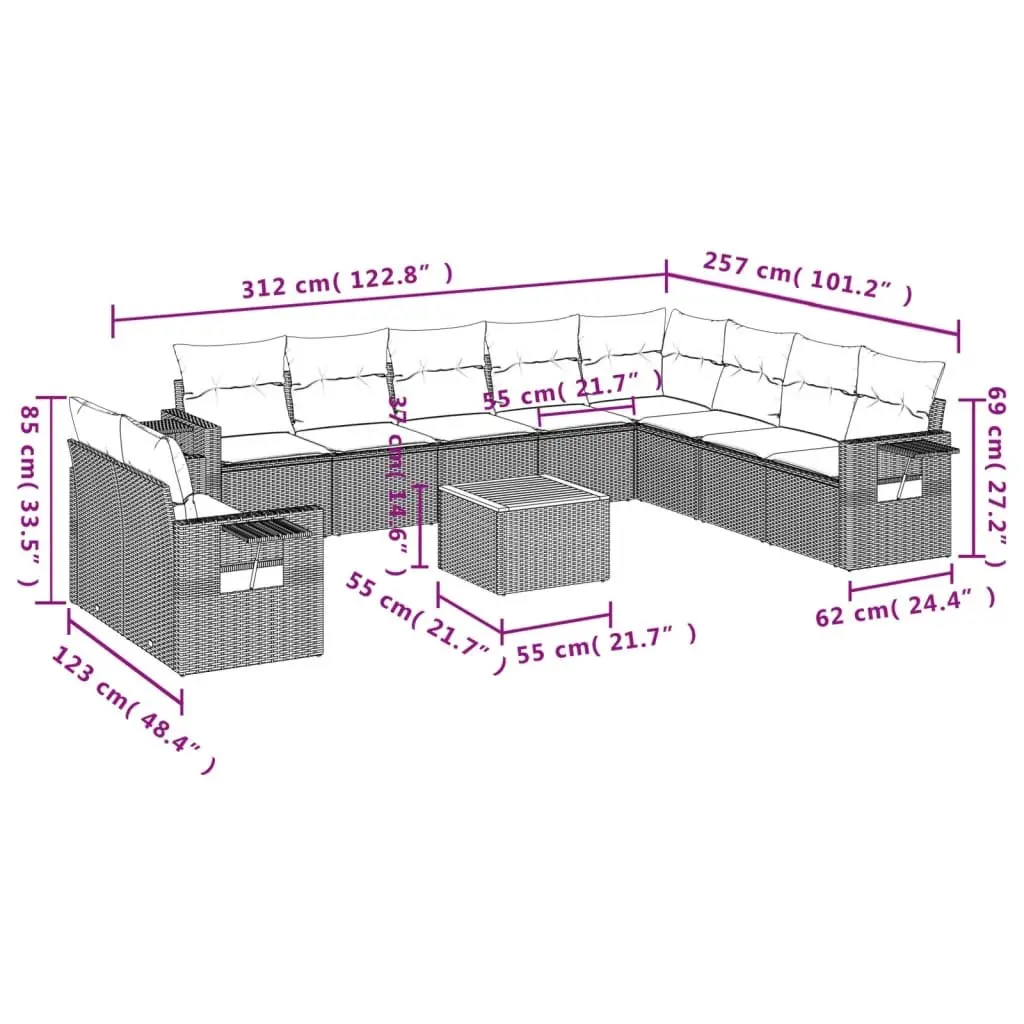 Outdoor Sectional Sofa Set PE Rattan 11 Piece Grey with Acacia Wood Table Top