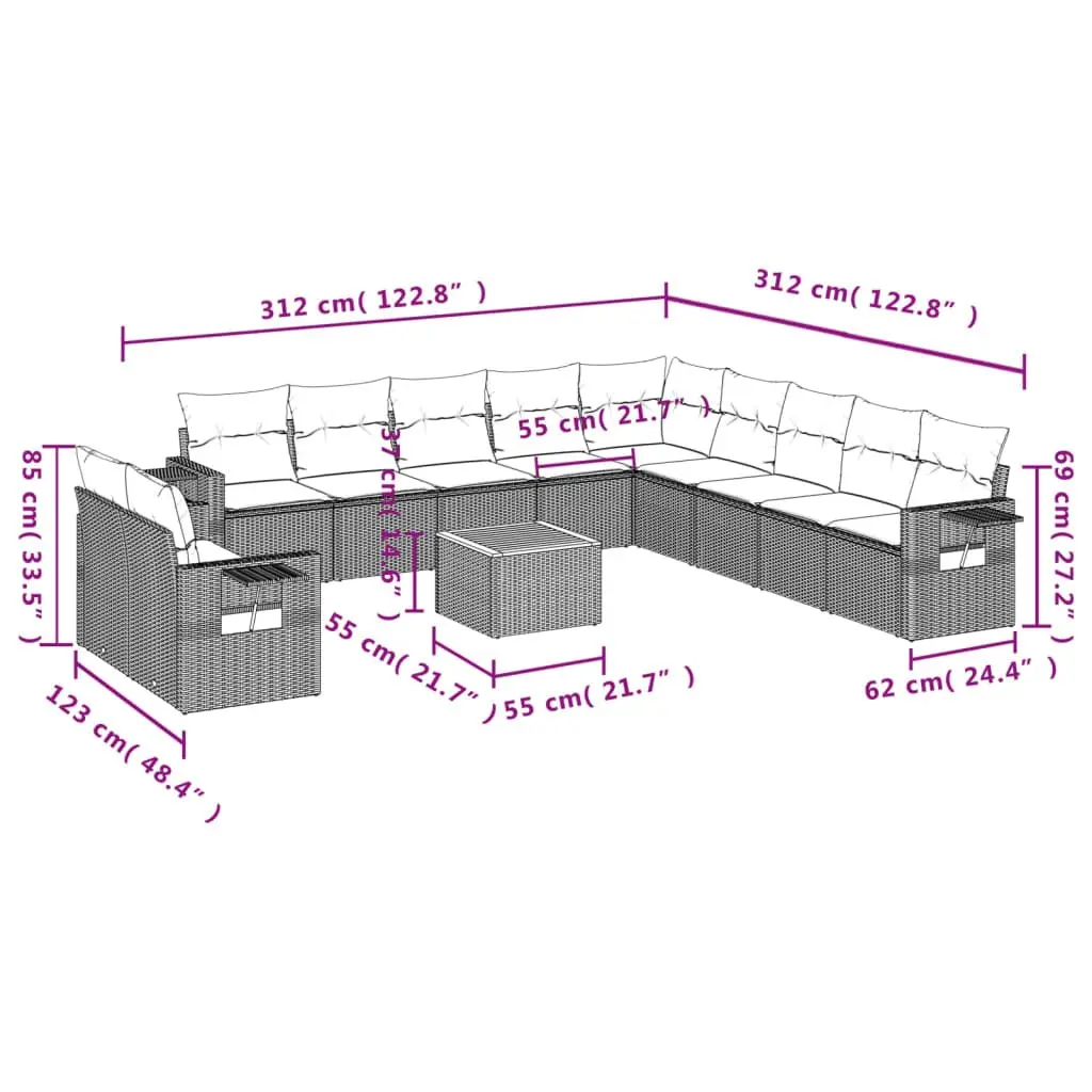 12 Piece Modular Grey Rattan Garden Sofa Set