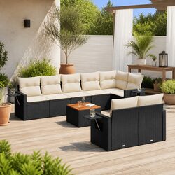 9-Piece Black Outdoor Sectional Sofa Set with Acacia Table