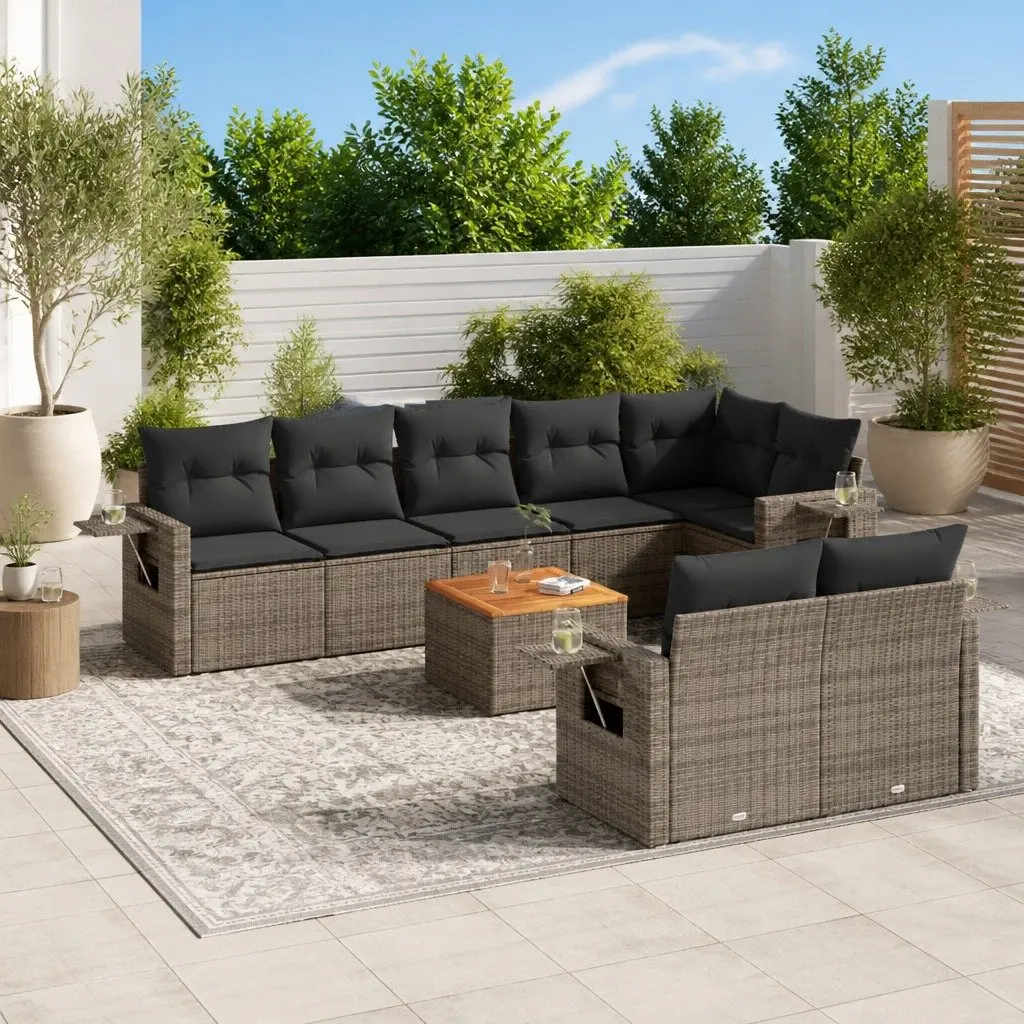 9-Piece Grey Poly Rattan Garden Sofa Set