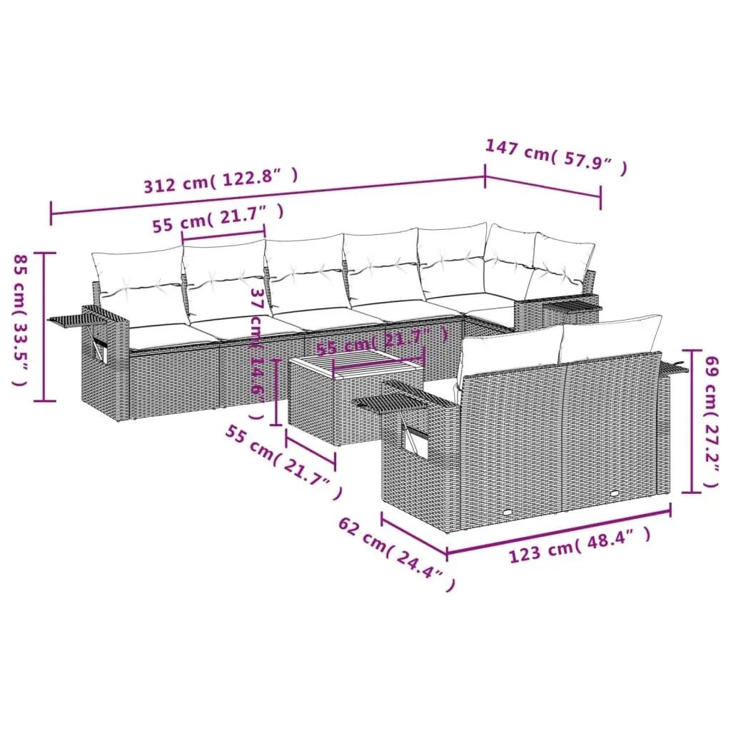 9-Piece Grey Poly Rattan Garden Sofa Set