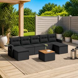 8-Piece Black Poly Rattan Outdoor Sectional Sofa Set