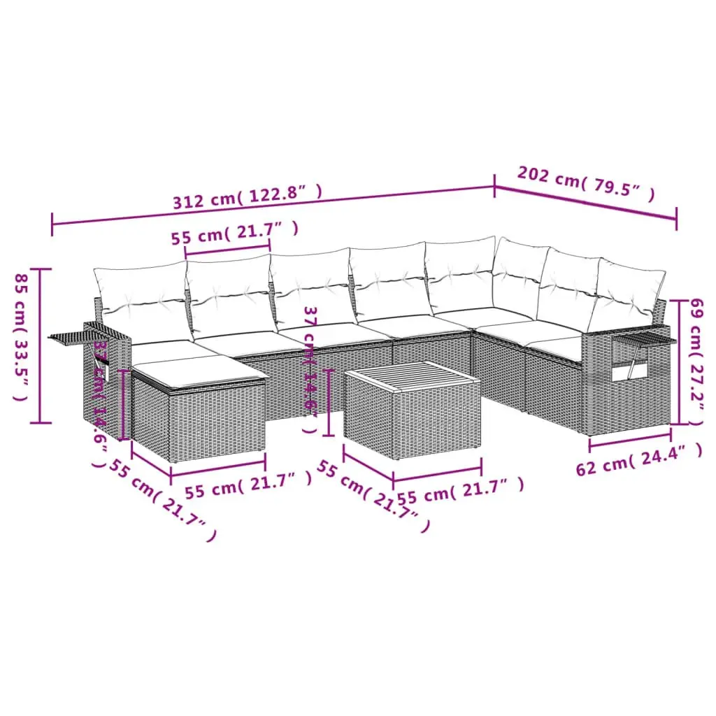 9 Piece Outdoor Sectional Sofa Set in Grey