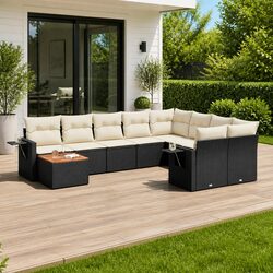 10-Piece Black Poly Rattan Garden Sofa Set for Outdoors