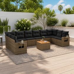 11-Piece Grey Poly Rattan Outdoor Sectional Sofa Set
