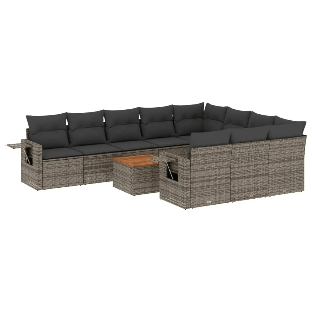 Outdoor Sectional Sofa Set PE Rattan 11 Piece Grey Modular Garden Furniture with Acacia Wood Table Top