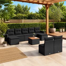Black 10-Piece Outdoor Garden Sofa Set with Cushions