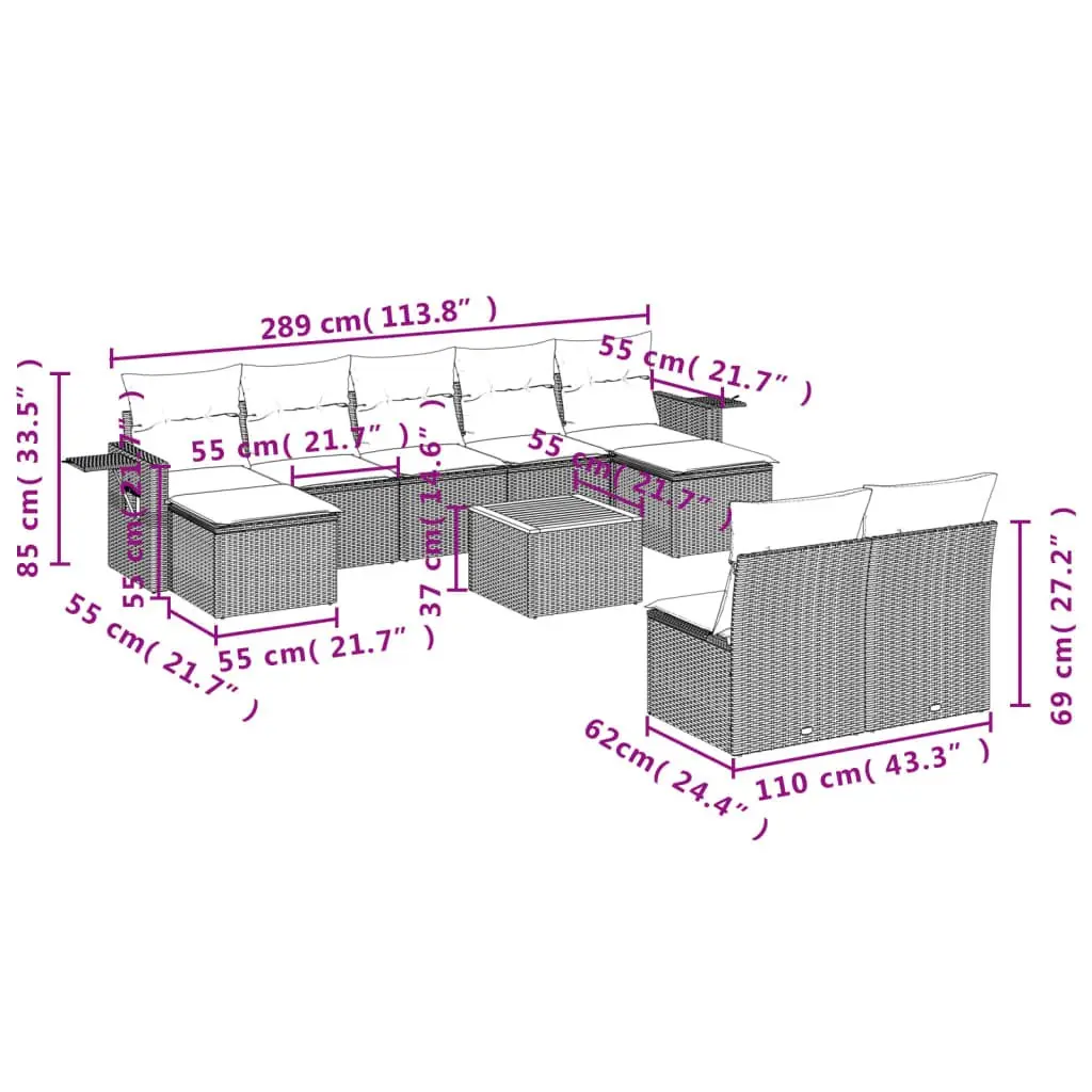 Outdoor Sectional Sofa Set 10 Piece Garden Furniture Grey Poly Rattan with