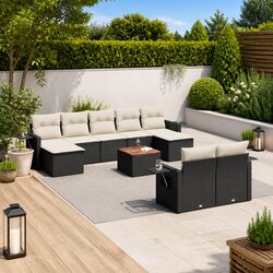 10-Piece Black Poly Rattan Outdoor Sectional Sofa Set