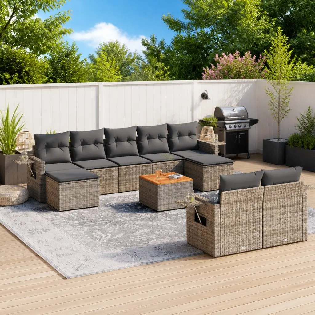 10 Piece Outdoor Sectional Sofa Set Grey PE Rattan with Acacia Wood Table Top