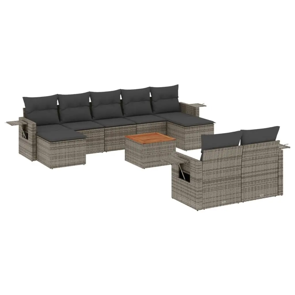 10 Piece Outdoor Sectional Sofa Set Grey PE Rattan with Acacia Wood Table Top