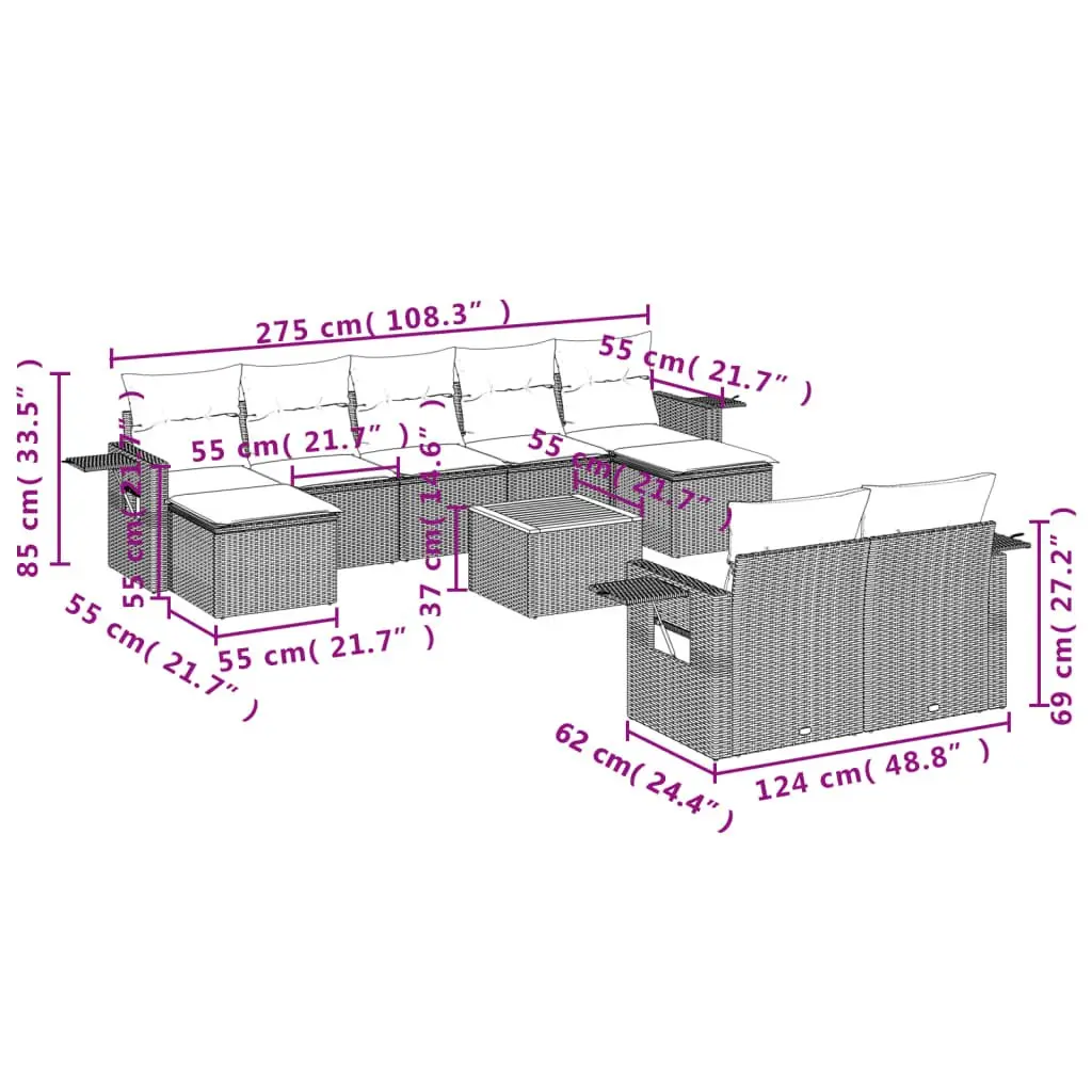 10 Piece Outdoor Sectional Sofa Set Grey PE Rattan with Acacia Wood Table Top