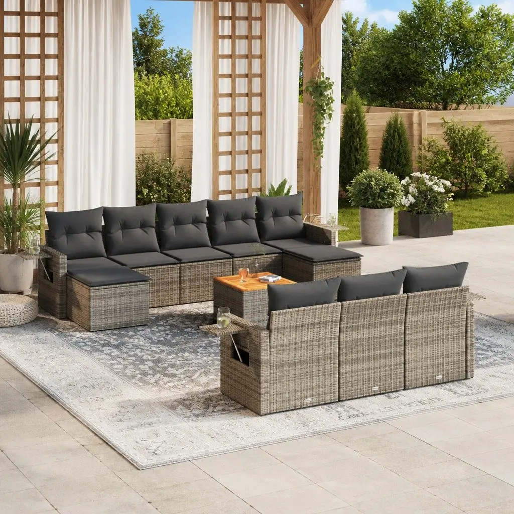 Outdoor Sectional Sofa Set PE Rattan Acacia Wood Grey 11 Piece