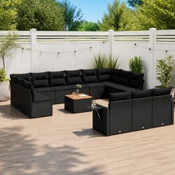 14-Piece Black Modular Outdoor Sofa Set with Cushions