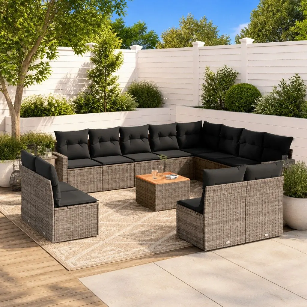 Outdoor Sectional Sofa Set PE Rattan 13 Piece Grey with Acacia Wood Table