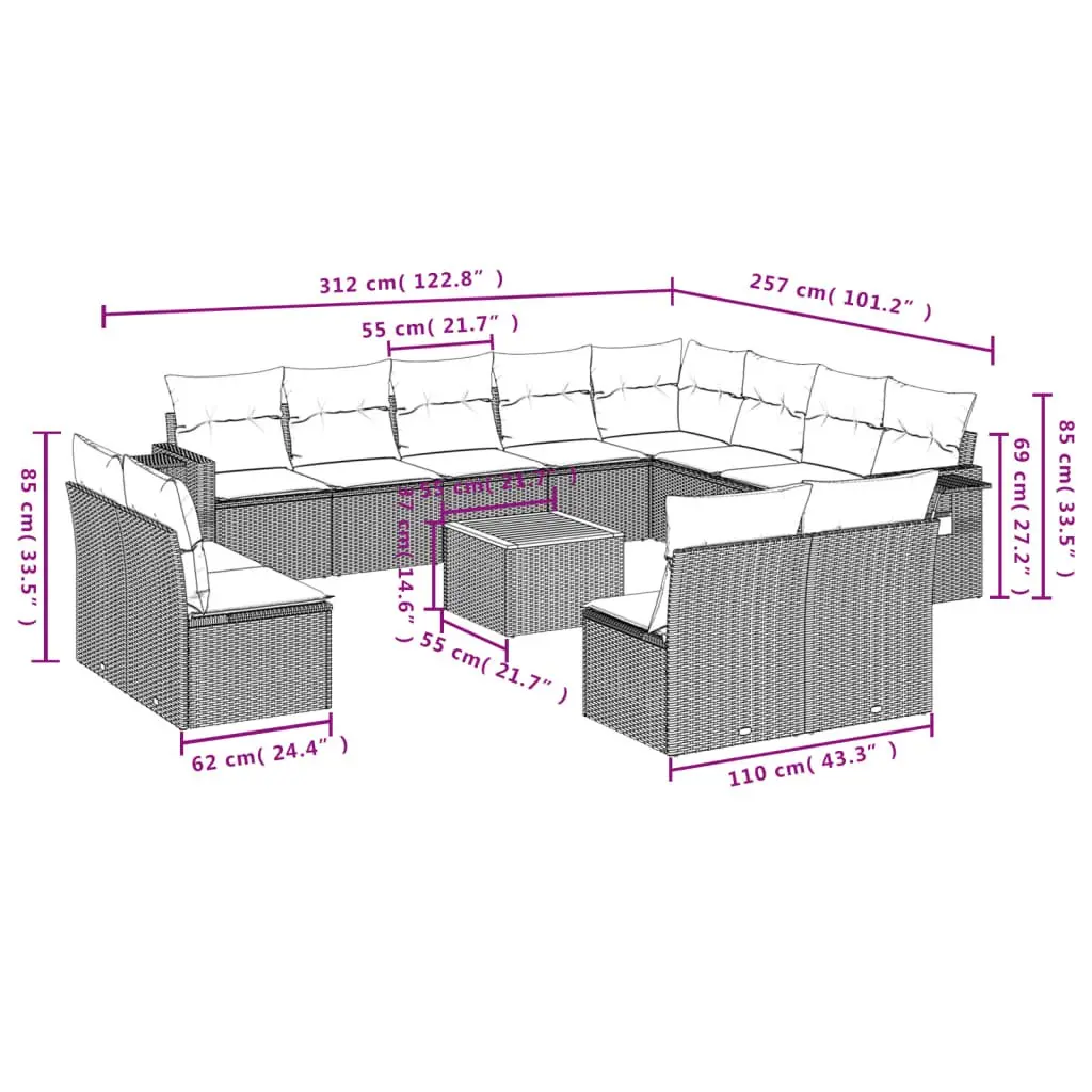 Outdoor Sectional Sofa Set PE Rattan 13 Piece Grey with Acacia Wood Table