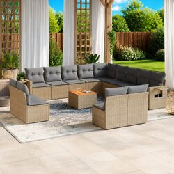 Beige Poly Rattan Outdoor Sectional Sofa Set 14 Pieces