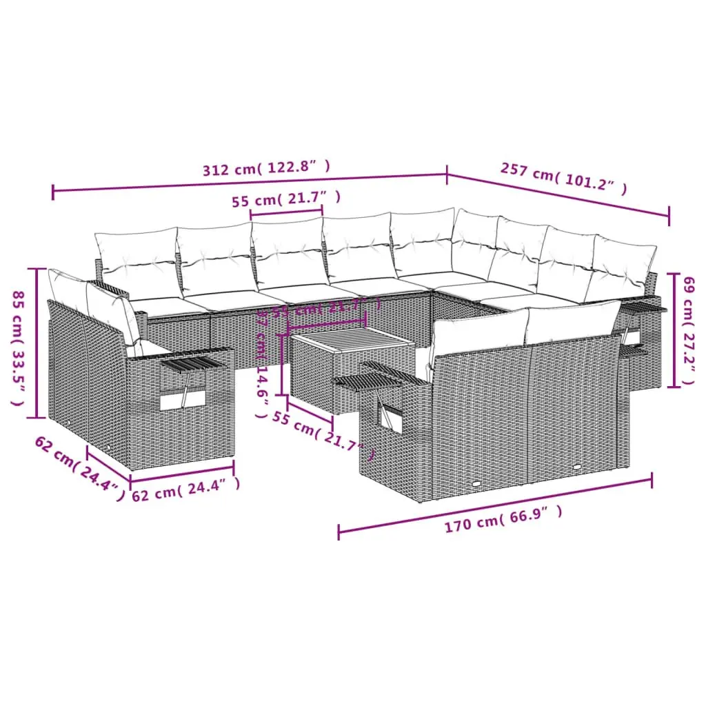 13-Piece Grey Poly Rattan Sectional Sofa Set