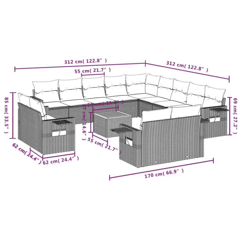 14 Piece Grey Poly Rattan Garden Sofa Set