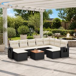 10-Piece Black Poly Rattan Outdoor Sofa Set