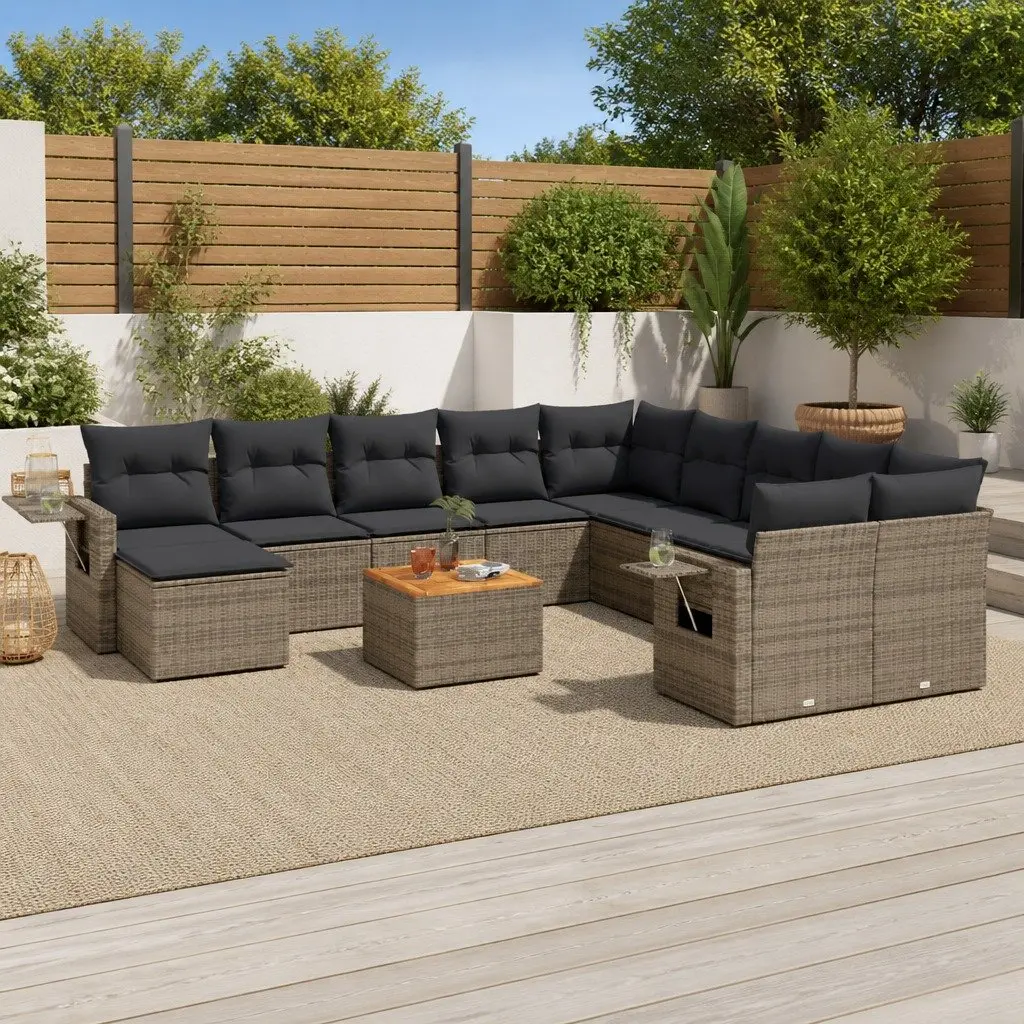 Outdoor Sectional Sofa Set PE Rattan Acacia Wood 12 Piece Grey