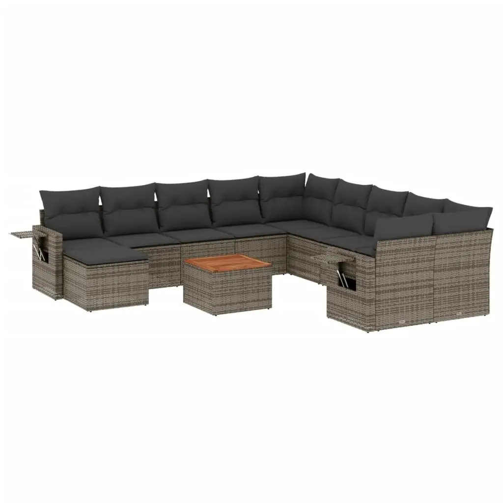 Outdoor Sectional Sofa Set PE Rattan Acacia Wood 12 Piece Grey
