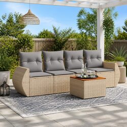 5 Piece Beige Poly Rattan Outdoor Sofa Set with Cushions