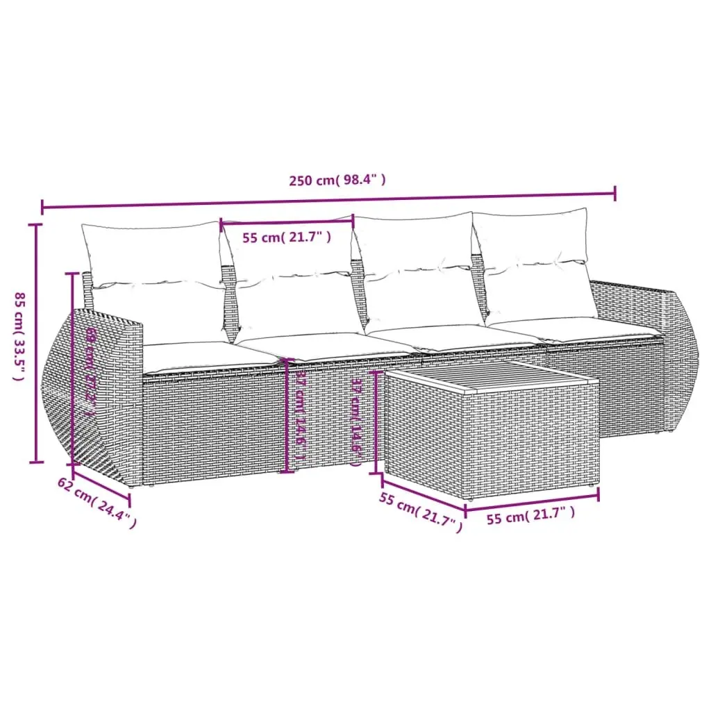 Outdoor Garden Sofa Set 5 Piece Patio Furniture Grey Poly Rattan with Cushions