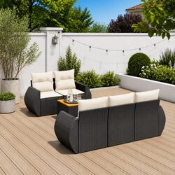 Black Poly Rattan 6-Piece Garden Sofa Set with Cushions