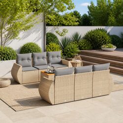 Beige Poly Rattan 7 Piece Outdoor Sofa Set with Cushions