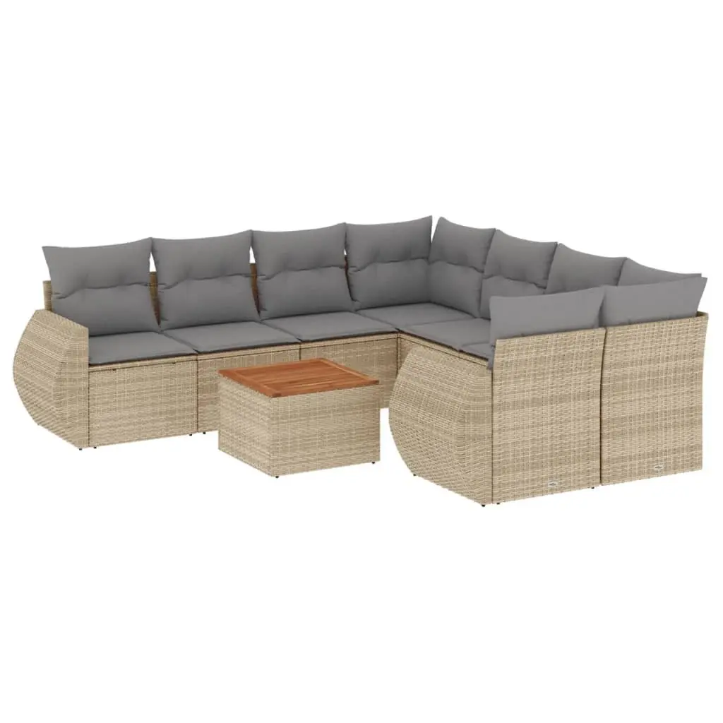 9 Piece Garden Sofa Set PE Rattan Acacia Wood Beige Outdoor Furniture