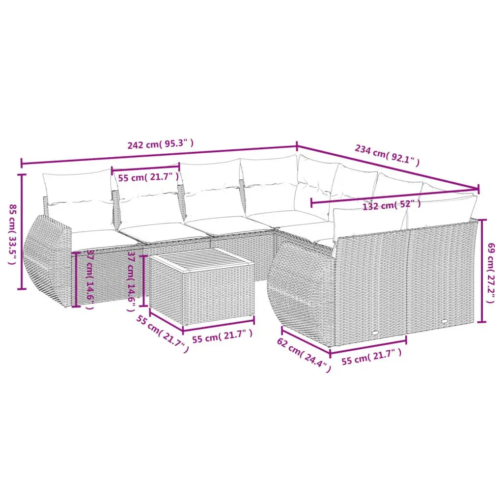 9 Piece Grey Poly Rattan Garden Sofa Set