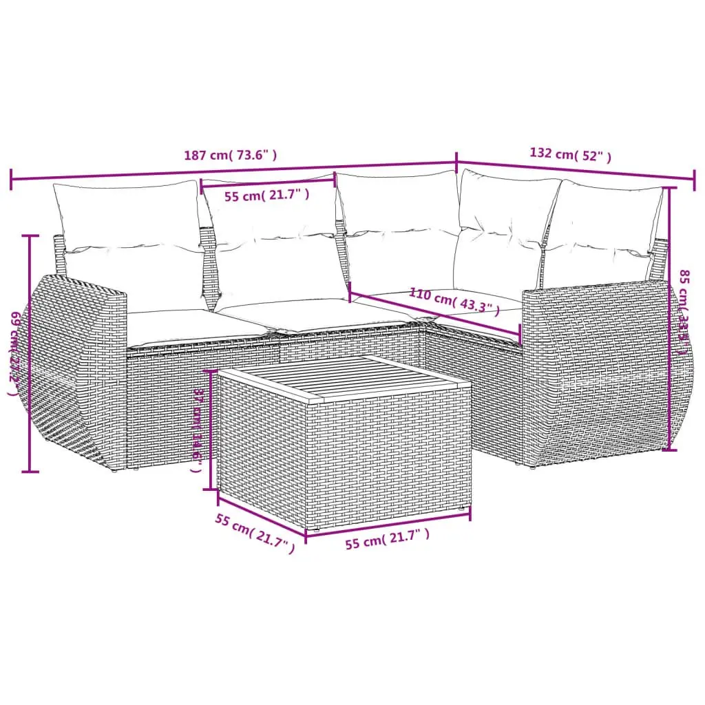 5 Piece Durable Garden Sofa Set with Beige Cushions