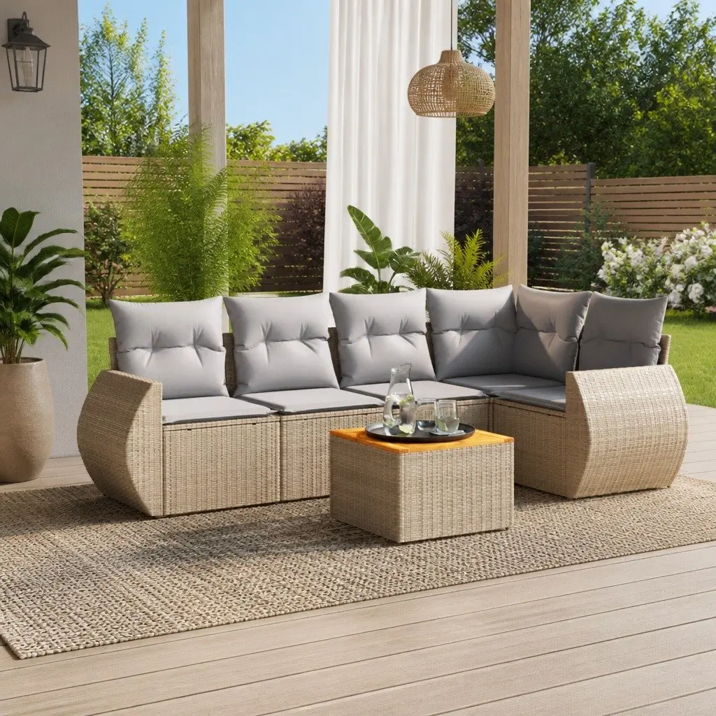 Outdoor Garden Sofa Set Poly Rattan 6 Piece Beige