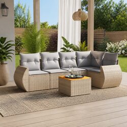 Beige Poly Rattan Garden Sofa Set 6 Pieces with Cushions