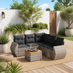 6 Piece Grey Rattan Garden Sofa Set with Cushions