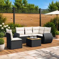 6 Piece Black Poly Rattan Garden Sofa Set with Cushions