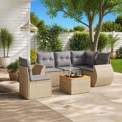 Beige Rattan 6-Piece Outdoor Sofa Set with Cushions