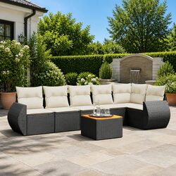 7 Piece Outdoor Sofa Set in Black Poly Rattan with Cushions