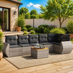 7-Piece Grey Poly Rattan Garden Sofa Set