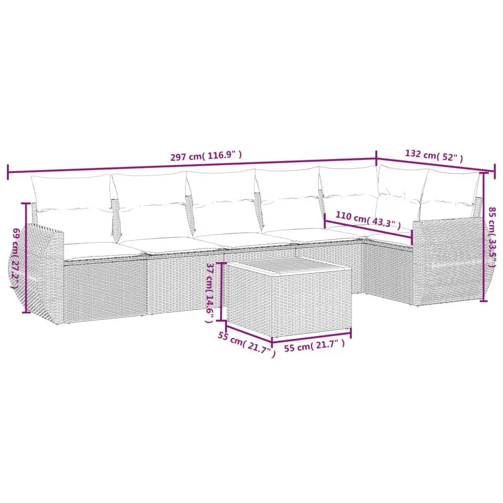 7-Piece Grey Poly Rattan Garden Sofa Set