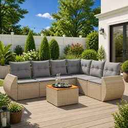 7-Piece Beige Rattan Outdoor Garden Sofa Set with Cushions
