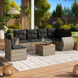 Stylish 7 Piece Outdoor Garden Sofa Set Grey Poly Rattan
