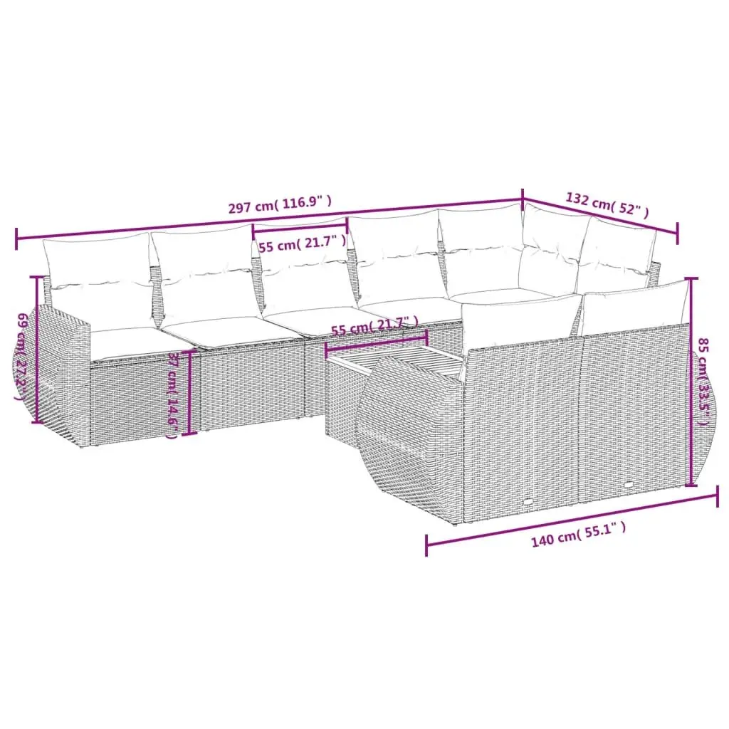 Garden Sofa Set PE Rattan 9 Piece Outdoor Furniture Patio Seating Grey