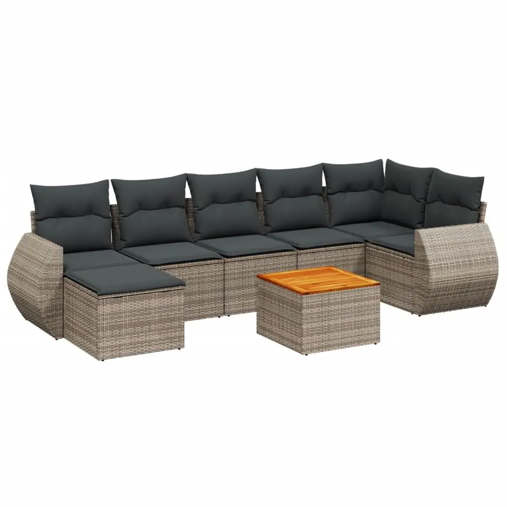 8 Piece Outdoor Sofa Set PE Rattan Grey with Acacia Wood Table and Cushions
