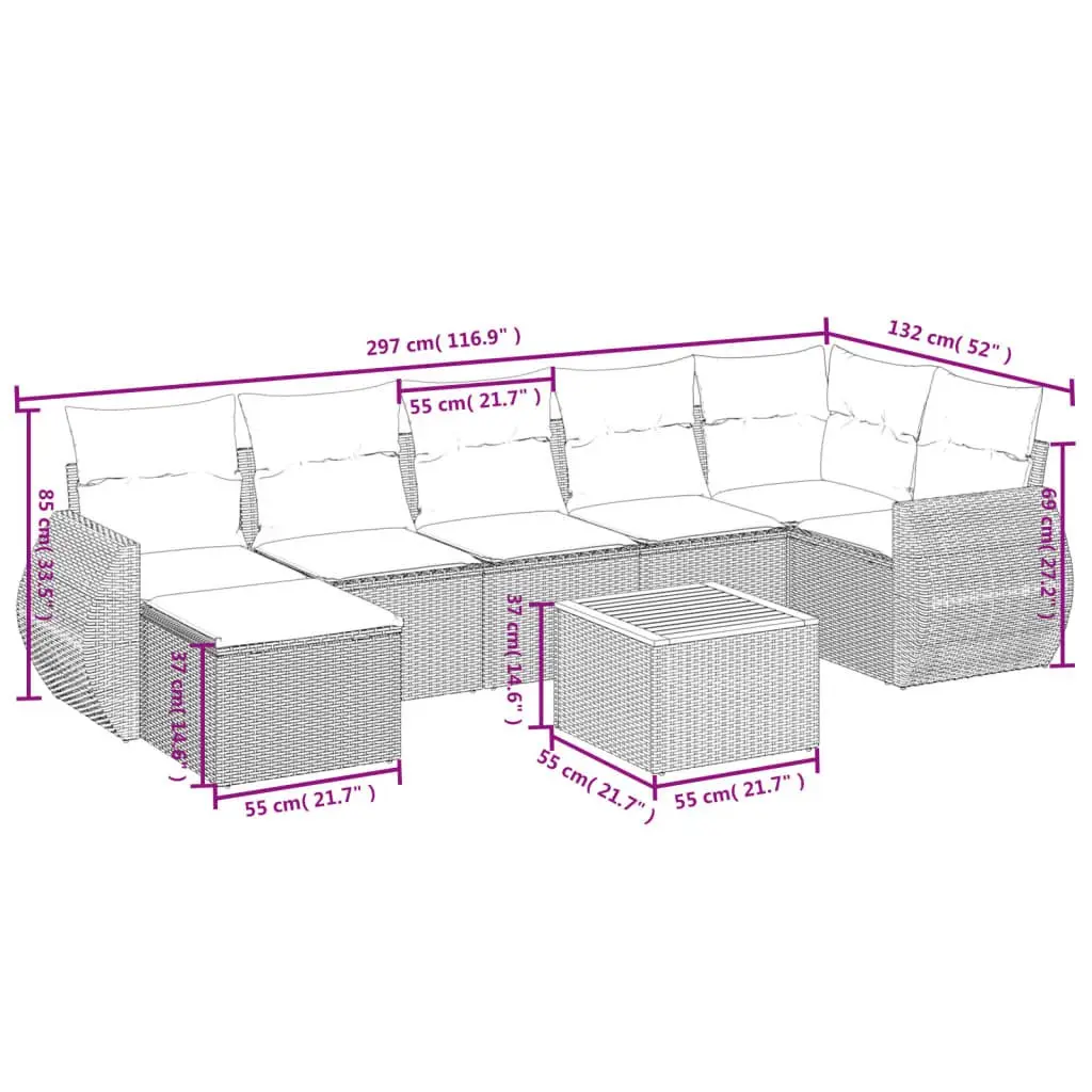 8 Piece Outdoor Sofa Set PE Rattan Grey with Acacia Wood Table and Cushions
