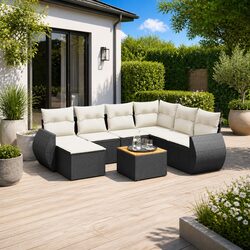 8 Piece Black Poly Rattan Garden Sofa Set with Cushions