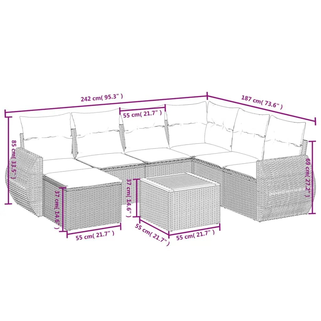Garden Sofa Set PE Rattan 8 Piece Outdoor Furniture Patio Lounge Grey