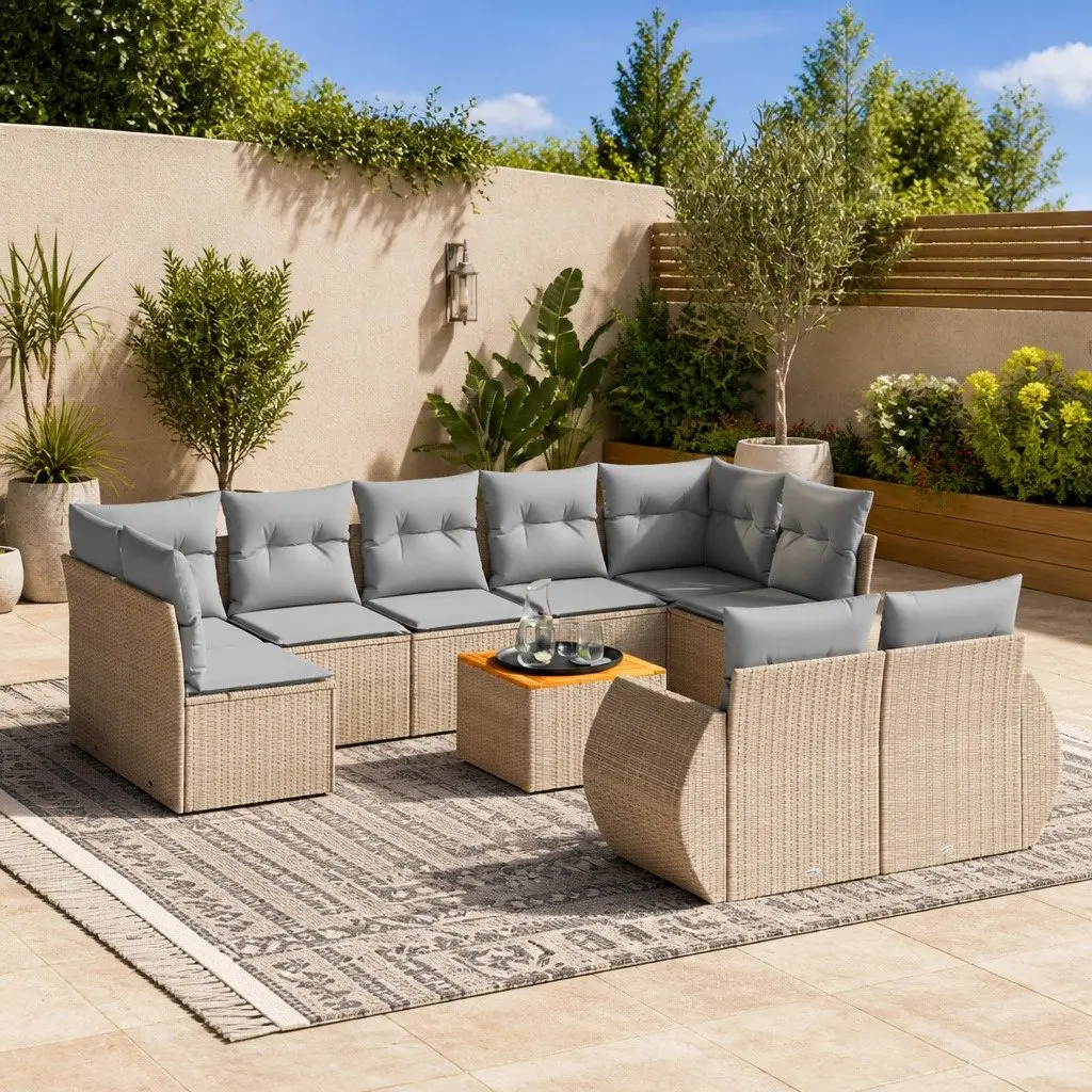 Beige 10-Piece Garden Sofa Set with Durable Poly Rattan